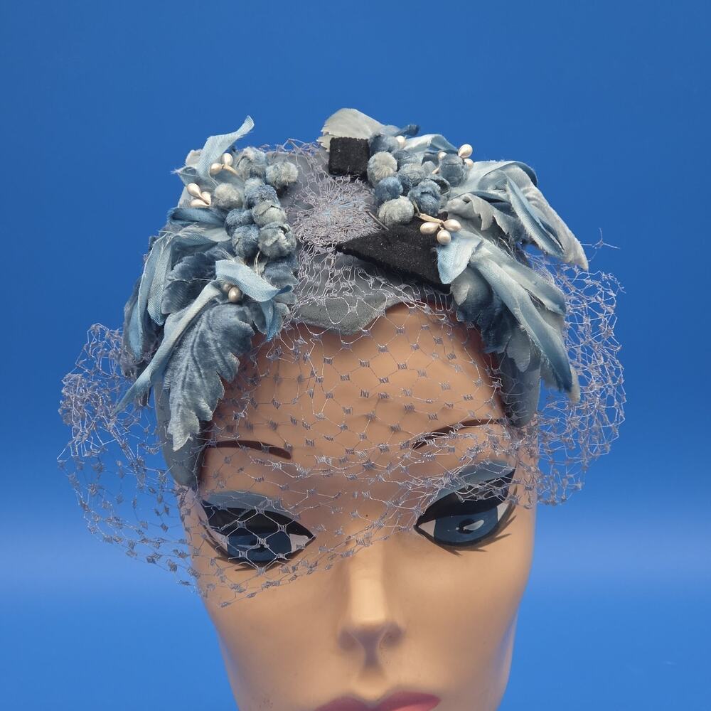 Blue Velvet Floral Fascinator Hat Veil Netting Millinery Cocktail Wedding